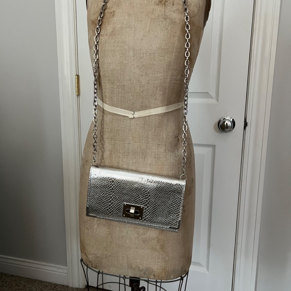 New Silver White House Black Market Clutch chain strap